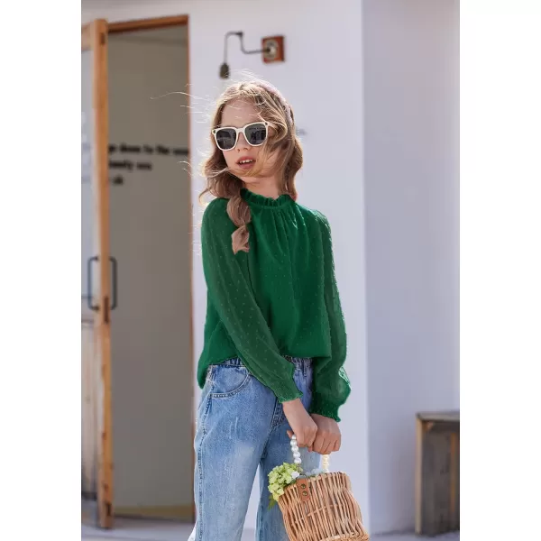 Arshiner Girls Long Sleeve Shirts Chiffon Blouses Swiss Dot Frill Neck Casual Loose Cute Top Tee