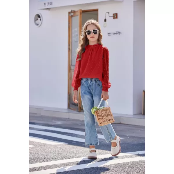 Arshiner Girls Long Sleeve Shirts Chiffon Blouses Swiss Dot Frill Neck Casual Loose Cute Top Tee