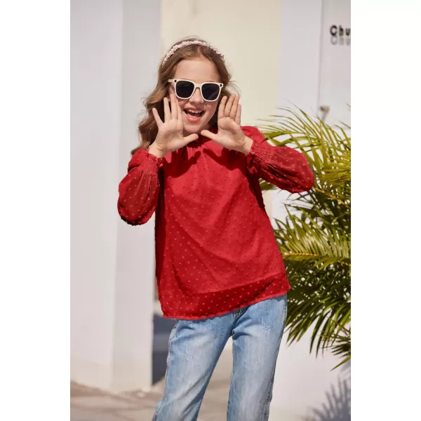 Arshiner Girls Long Sleeve Shirts Chiffon Blouses Swiss Dot Frill Neck Casual Loose Cute Top Tee