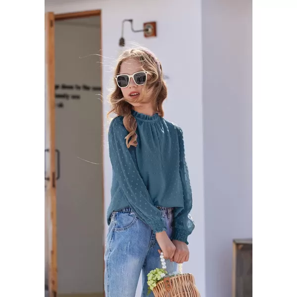 Arshiner Girls Long Sleeve Shirts Chiffon Blouses Swiss Dot Frill Neck Casual Loose Cute Top Tee