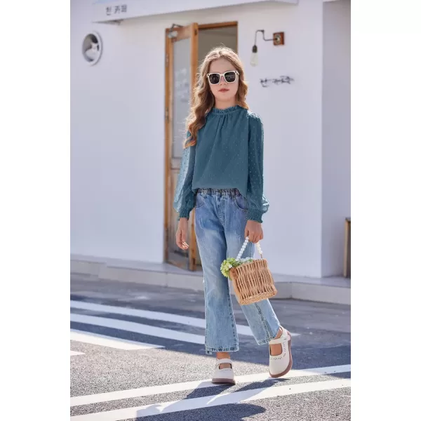 Arshiner Girls Long Sleeve Shirts Chiffon Blouses Swiss Dot Frill Neck Casual Loose Cute Top Tee