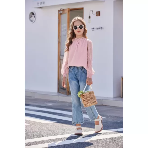 Arshiner Girls Long Sleeve Shirts Chiffon Blouses Swiss Dot Frill Neck Casual Loose Cute Top Tee