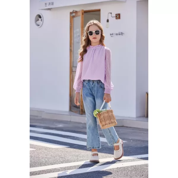 Arshiner Girls Long Sleeve Shirts Chiffon Blouses Swiss Dot Frill Neck Casual Loose Cute Top Tee