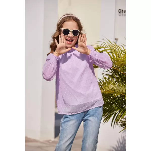 Arshiner Girls Long Sleeve Shirts Chiffon Blouses Swiss Dot Frill Neck Casual Loose Cute Top Tee