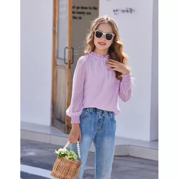 Arshiner Girls Long Sleeve Shirts Chiffon Blouses Swiss Dot Frill Neck Casual Loose Cute Top Tee