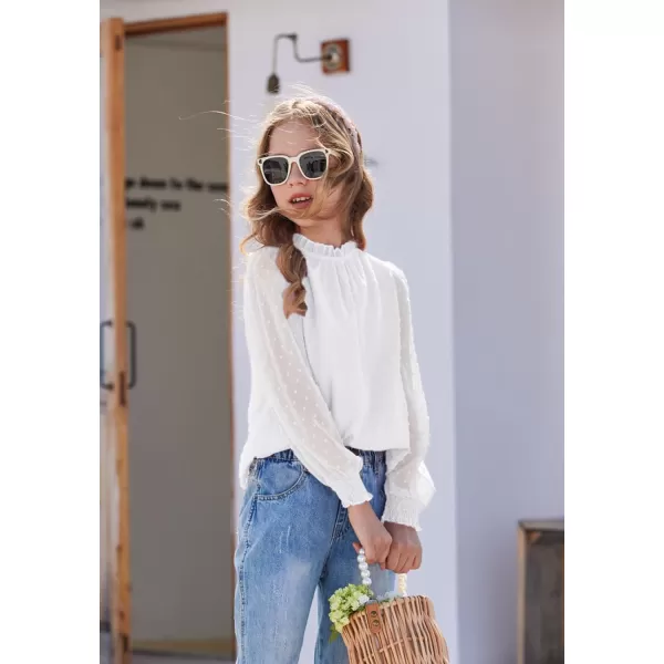 Arshiner Girls Long Sleeve Shirts Chiffon Blouses Swiss Dot Frill Neck Casual Loose Cute Top Tee