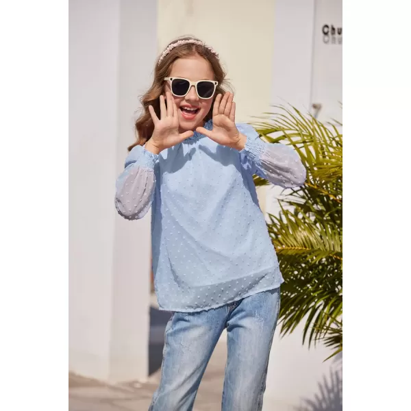 Arshiner Girls Long Sleeve Shirts Chiffon Blouses Swiss Dot Frill Neck Casual Loose Cute Top Tee