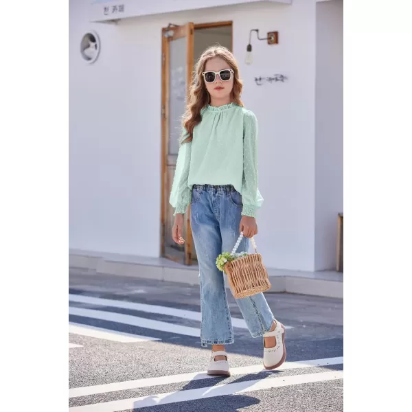 Arshiner Girls Long Sleeve Shirts Chiffon Blouses Swiss Dot Frill Neck Casual Loose Cute Top Tee