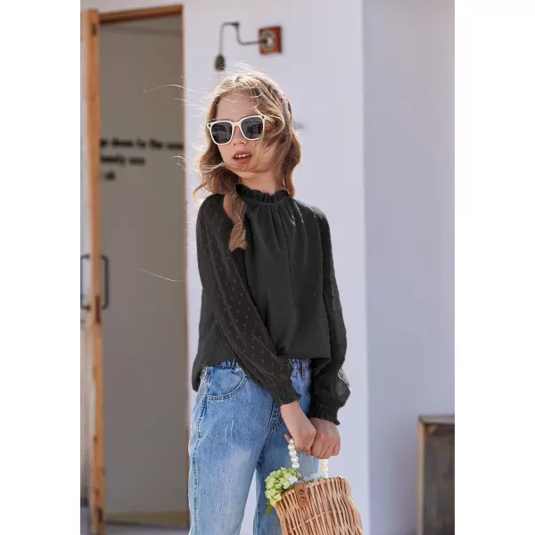 Arshiner Girls Long Sleeve Shirts Chiffon Blouses Swiss Dot Frill Neck Casual Loose Cute Top Tee