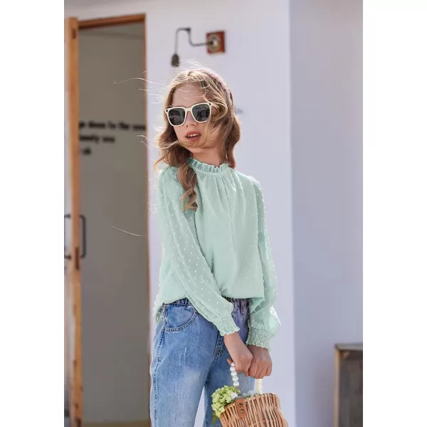 Arshiner Girls Long Sleeve Shirts Chiffon Blouses Swiss Dot Frill Neck Casual Loose Cute Top Tee