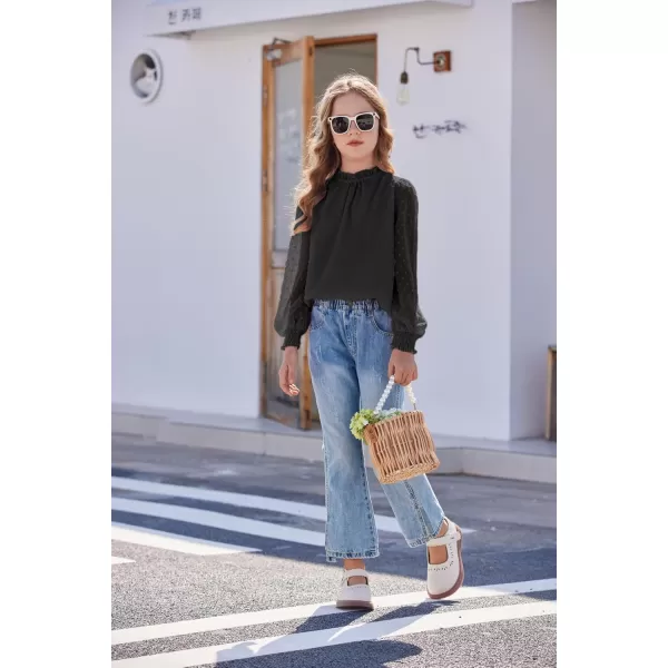 Arshiner Girls Long Sleeve Shirts Chiffon Blouses Swiss Dot Frill Neck Casual Loose Cute Top Tee
