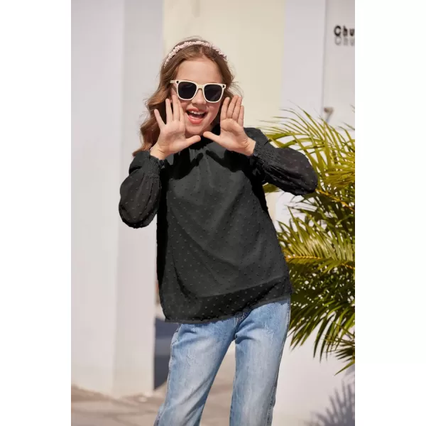 Arshiner Girls Long Sleeve Shirts Chiffon Blouses Swiss Dot Frill Neck Casual Loose Cute Top Tee