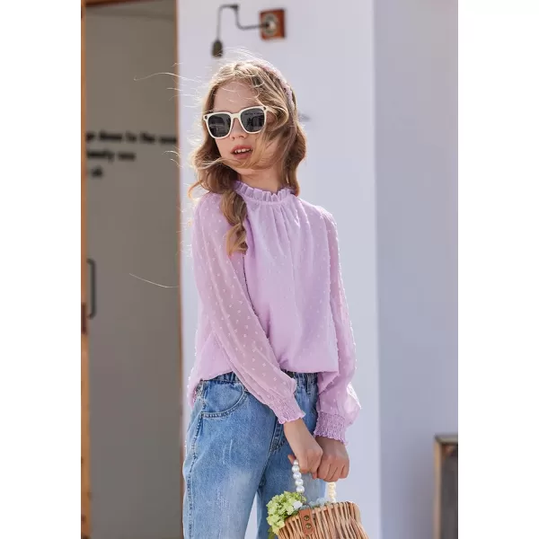 Arshiner Girls Long Sleeve Shirts Chiffon Blouses Swiss Dot Frill Neck Casual Loose Cute Top Tee