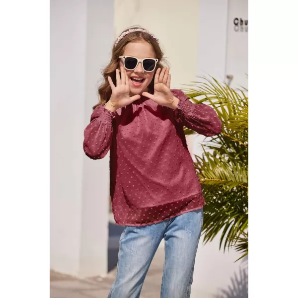 Arshiner Girls Long Sleeve Shirts Chiffon Blouses Swiss Dot Frill Neck Casual Loose Cute Top Tee