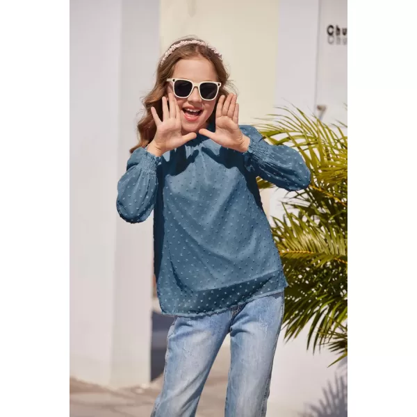Arshiner Girls Long Sleeve Shirts Chiffon Blouses Swiss Dot Frill Neck Casual Loose Cute Top Tee