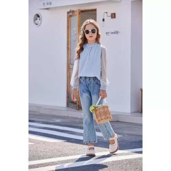Arshiner Girls Long Sleeve Shirts Chiffon Blouses Swiss Dot Frill Neck Casual Loose Cute Top Tee