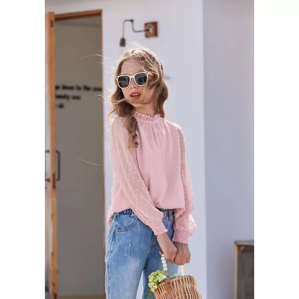 Arshiner Girls Long Sleeve Shirts Chiffon Blouses Swiss Dot Frill Neck Casual Loose Cute Top Tee