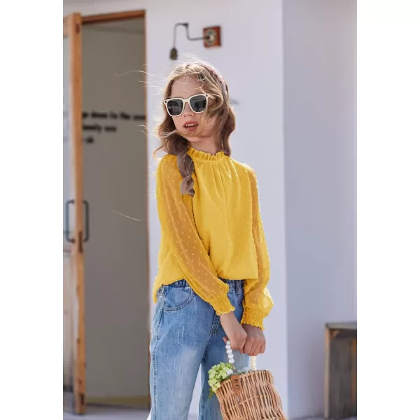 Arshiner Girls Long Sleeve Shirts Chiffon Blouses Swiss Dot Frill Neck Casual Loose Cute Top Tee