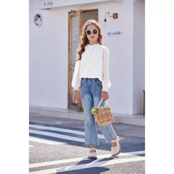 Arshiner Girls Long Sleeve Shirts Chiffon Blouses Swiss Dot Frill Neck Casual Loose Cute Top Tee