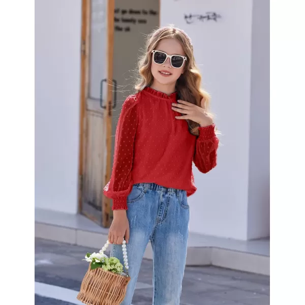 Arshiner Girls Long Sleeve Shirts Chiffon Blouses Swiss Dot Frill Neck Casual Loose Cute Top Tee