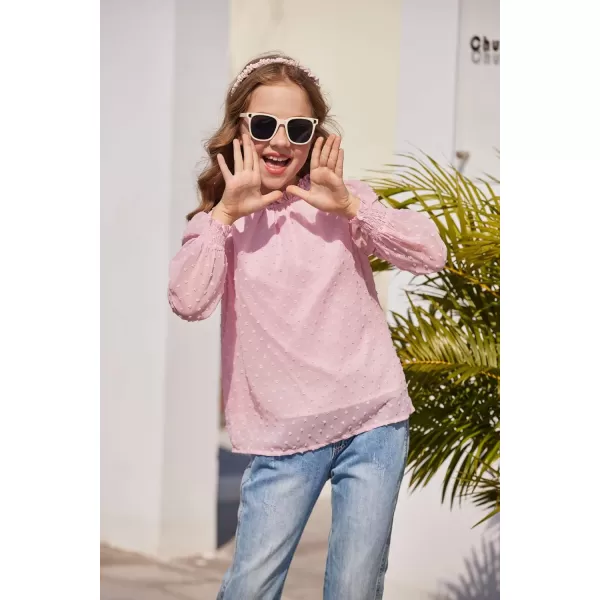 Arshiner Girls Long Sleeve Shirts Chiffon Blouses Swiss Dot Frill Neck Casual Loose Cute Top Tee