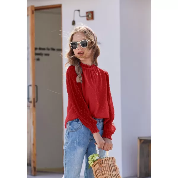 Arshiner Girls Long Sleeve Shirts Chiffon Blouses Swiss Dot Frill Neck Casual Loose Cute Top Tee