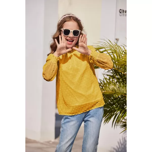 Arshiner Girls Long Sleeve Shirts Chiffon Blouses Swiss Dot Frill Neck Casual Loose Cute Top Tee