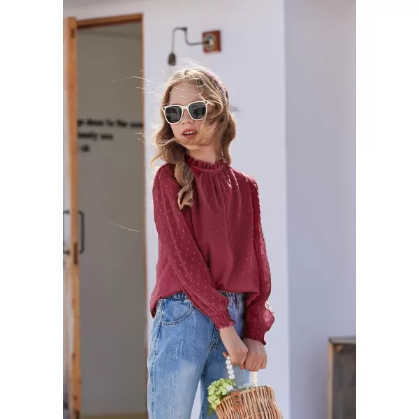 Arshiner Girls Long Sleeve Shirts Chiffon Blouses Swiss Dot Frill Neck Casual Loose Cute Top Tee
