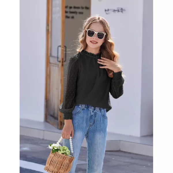 Arshiner Girls Long Sleeve Shirts Chiffon Blouses Swiss Dot Frill Neck Casual Loose Cute Top Tee