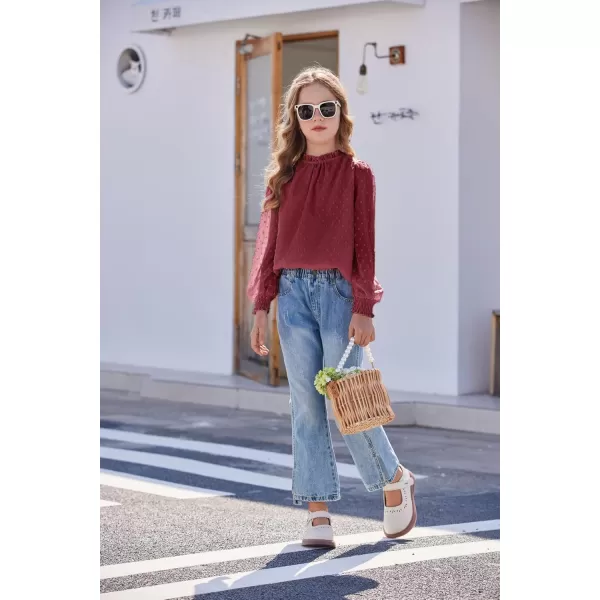 Arshiner Girls Long Sleeve Shirts Chiffon Blouses Swiss Dot Frill Neck Casual Loose Cute Top Tee
