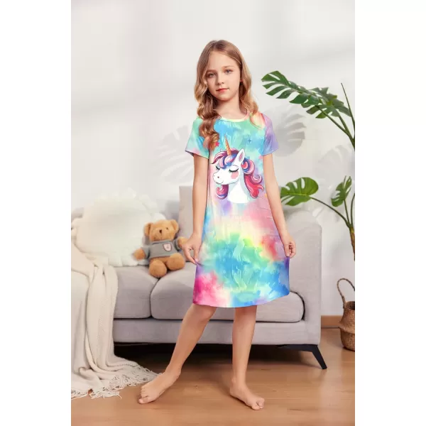 Arshiner Girls Nightgowns Summer Soft Cute Cartoon Print Pajama Sleep Dress for Kids 4-12 Years