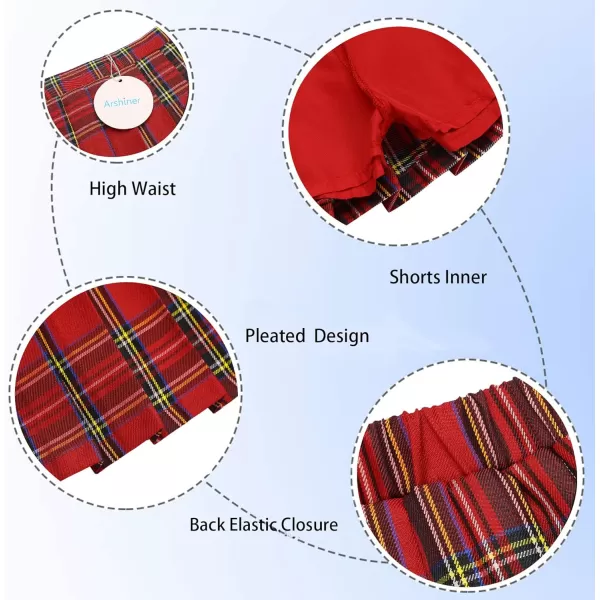 Arshiner Girls Pleated Skirt High Waisted Plaid A-line Skirts with Lining Shorts School Uniform