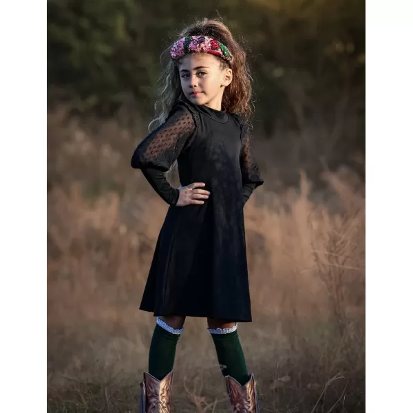 Arshiner Girl's Sheer Contrast Mesh Long Sleeve Stand Collar Casual Vintage Party Dress for 5-13 Years