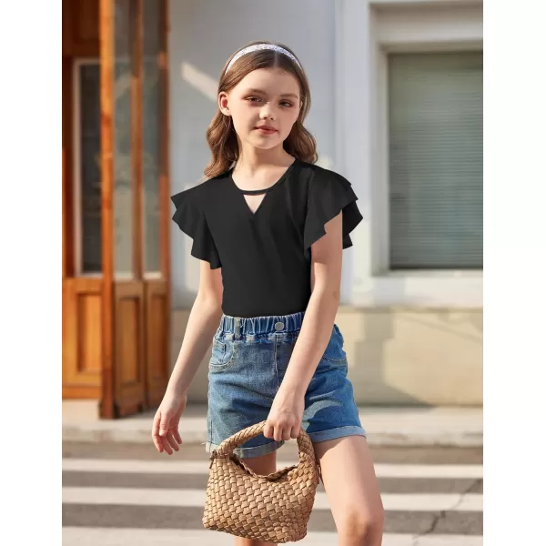 Arshiner Girls Shirts Short Sleeve Tee Ruffle Solid Summer Keyhole Neck Cotton Blouse Tops
