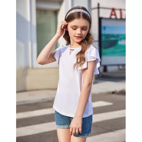 Arshiner Girls Shirts Short Sleeve Tee Ruffle Solid Summer Keyhole Neck Cotton Blouse Tops