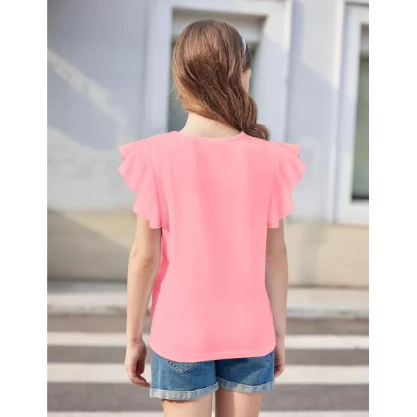 Arshiner Girls Shirts Short Sleeve Tee Ruffle Solid Summer Keyhole Neck Cotton Blouse Tops