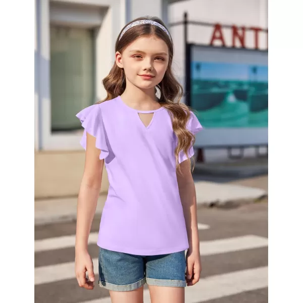 Arshiner Girls Shirts Short Sleeve Tee Ruffle Solid Summer Keyhole Neck Cotton Blouse Tops