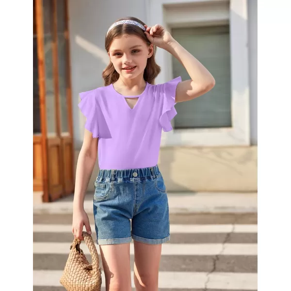Arshiner Girls Shirts Short Sleeve Tee Ruffle Solid Summer Keyhole Neck Cotton Blouse Tops