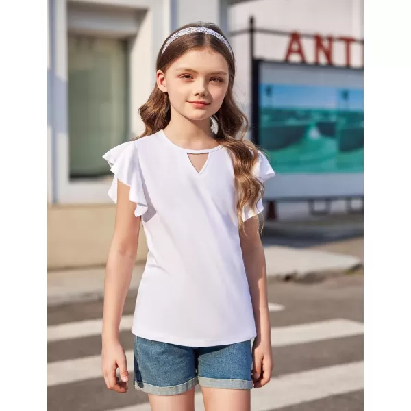 Arshiner Girls Shirts Short Sleeve Tee Ruffle Solid Summer Keyhole Neck Cotton Blouse Tops