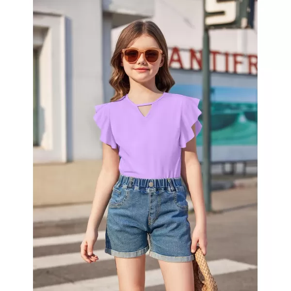 Arshiner Girls Shirts Short Sleeve Tee Ruffle Solid Summer Keyhole Neck Cotton Blouse Tops