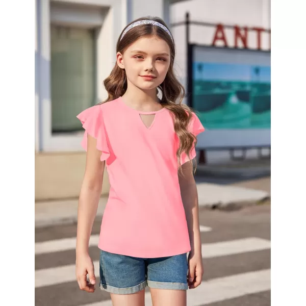 Arshiner Girls Shirts Short Sleeve Tee Ruffle Solid Summer Keyhole Neck Cotton Blouse Tops