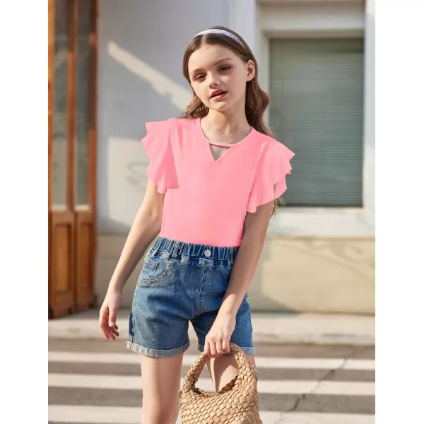 Arshiner Girls Shirts Short Sleeve Tee Ruffle Solid Summer Keyhole Neck Cotton Blouse Tops