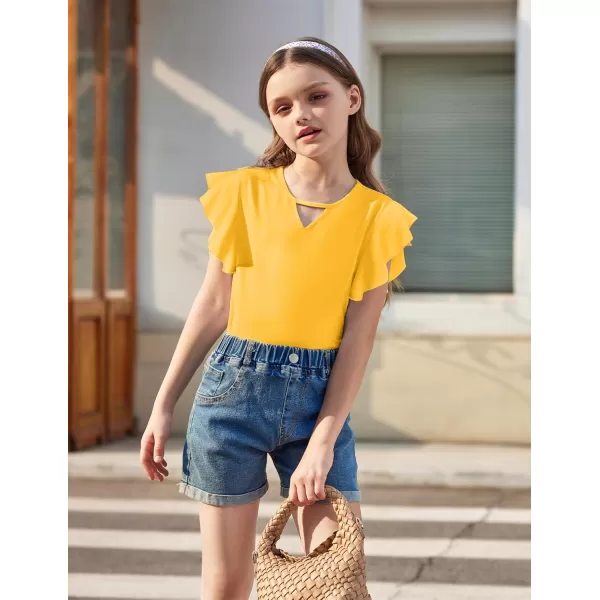 Arshiner Girls Shirts Short Sleeve Tee Ruffle Solid Summer Keyhole Neck Cotton Blouse Tops