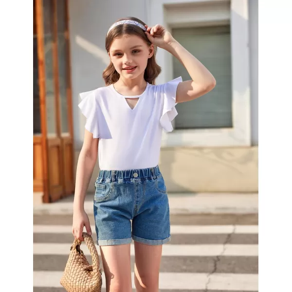 Arshiner Girls Shirts Short Sleeve Tee Ruffle Solid Summer Keyhole Neck Cotton Blouse Tops