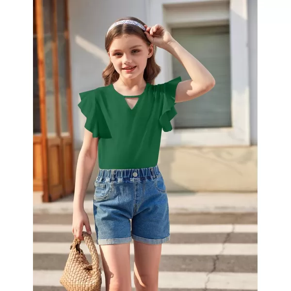 Arshiner Girls Shirts Short Sleeve Tee Ruffle Solid Summer Keyhole Neck Cotton Blouse Tops