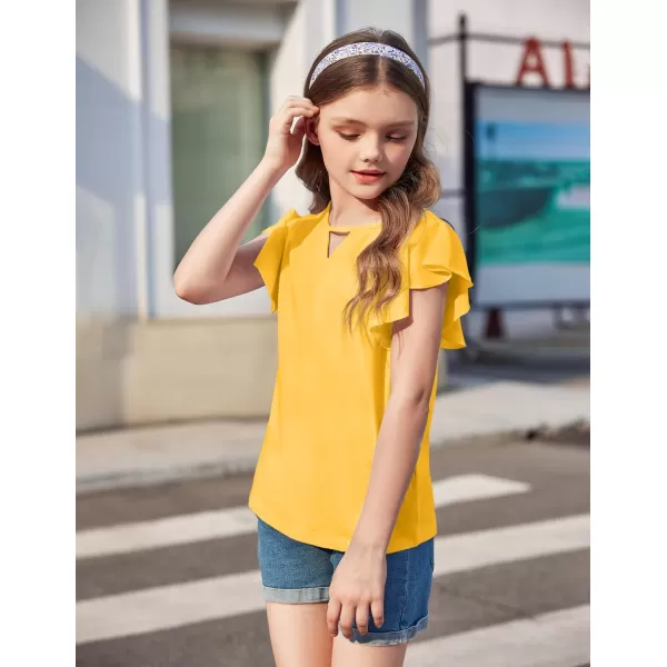 Arshiner Girls Shirts Short Sleeve Tee Ruffle Solid Summer Keyhole Neck Cotton Blouse Tops