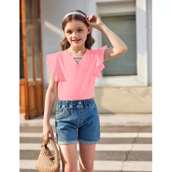 Arshiner Girls Shirts Short Sleeve Tee Ruffle Solid Summer Keyhole Neck Cotton Blouse Tops
