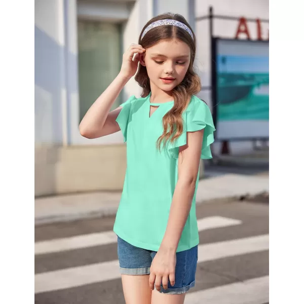Arshiner Girls Shirts Short Sleeve Tee Ruffle Solid Summer Keyhole Neck Cotton Blouse Tops