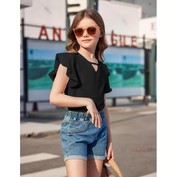 Arshiner Girls Shirts Short Sleeve Tee Ruffle Solid Summer Keyhole Neck Cotton Blouse Tops