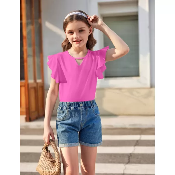 Arshiner Girls Shirts Short Sleeve Tee Ruffle Solid Summer Keyhole Neck Cotton Blouse Tops
